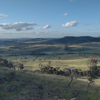 A Canberran View of the Outside World, One Tree Hill, Hall, with the image divided in half into sky and land, with the green land below rolling through a valley to a low mountain range into the diatance, with the mossy looking grass dotted with small groups of trees and buildings and even rarer billabong of water, the brilliant blue sky only streaked with mashed potato clouds close to the horizon