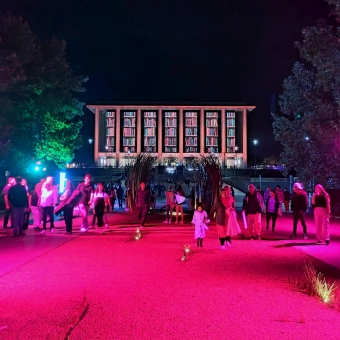 National Library, with shelves of books projected between the columns of the library which themselves are made to look like the frame of the bookshelf, with trees on either side of the picture glowing red and green, with crowds of people walking to or from the library