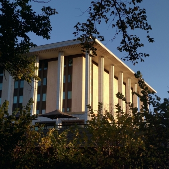 Natural Library, National Library, with silhouetted tree branches and shrubs in front, with the corner and two edges of the National Library in the midground which are lit up from the right by the late-afternoon sun, with the sky in the background a clear blue