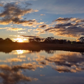 Painted Sunset in Mulanggari Grasslands Nature Reserve, Gungahlin, with an almost-crystal-clear lake reflecting chequered gilded clouds and a glowing sun against the horizon, with trees silhouetted along the horizon