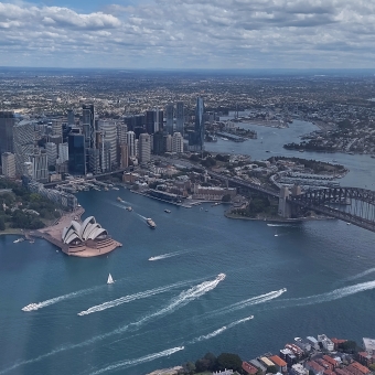 Sydney Harbour, Sydney, with the Opera House, Circular Quay, McMahons Point, the Harbour Bridge, and Milsons Point visible from the view of a helicopter