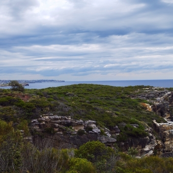 Maroubra Beach Overview, with rolling green hills down towards blue ocean, with a beach in the distance
