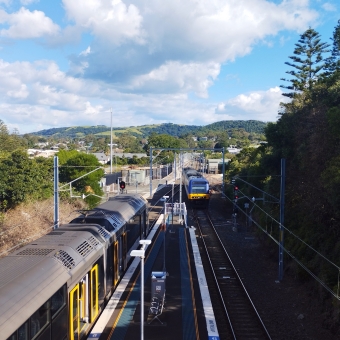 Two Trains, Kiama Station, Kiama, with an Oscar train stationary on the left platform and an Endeavour train pulling into the right platform all viewed from an above bridge