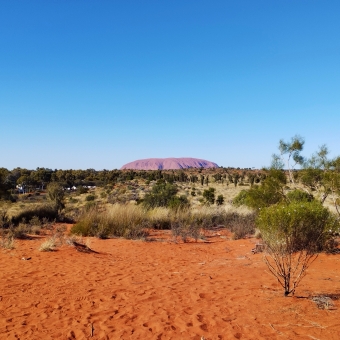 Uluṟu From Afar, with Uluru a speck on the horizon, with clear blue above and patchy green flora below leading to red desert at the front